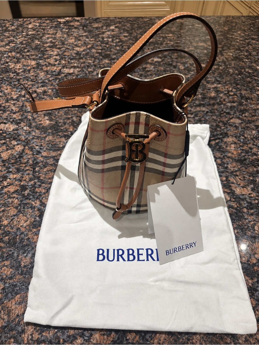 Burberry Beige Vintage Check Mini Drawstring Bucket Bag with Tan Leather - New
